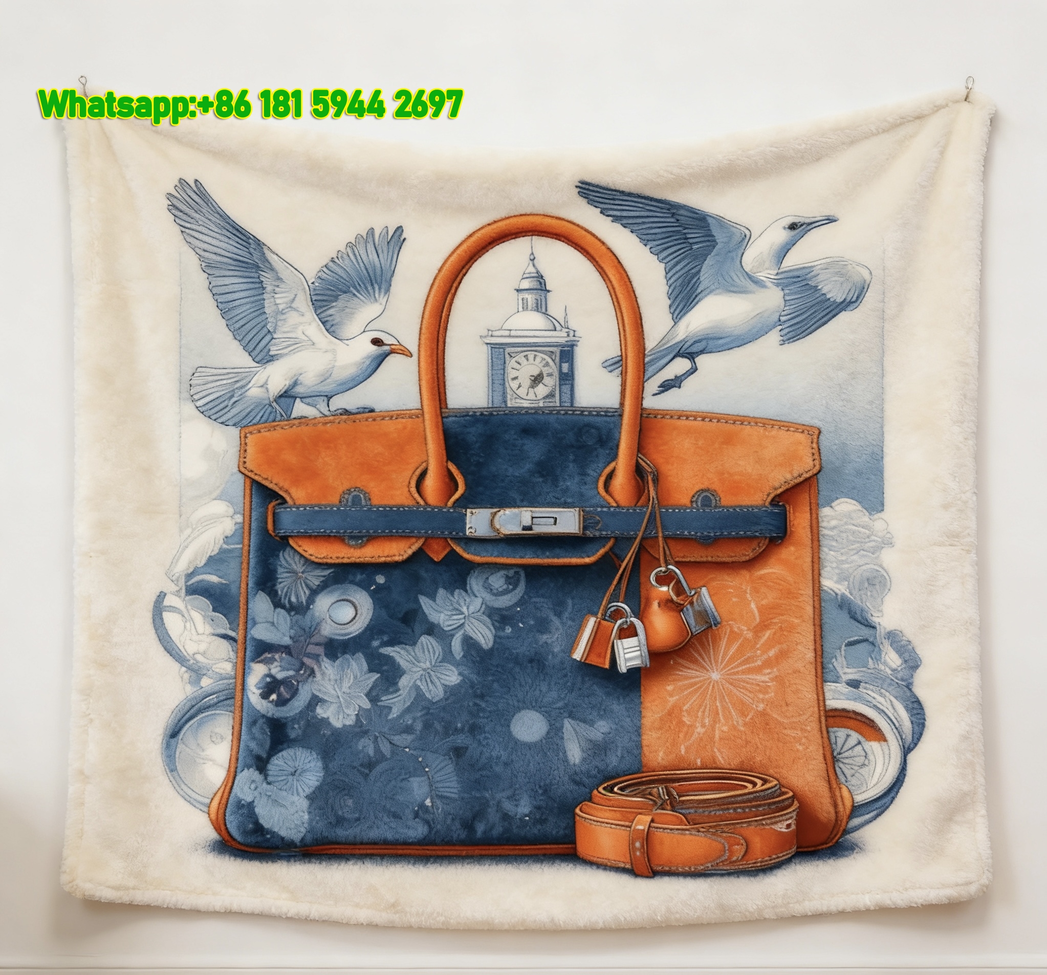 Hermes Orange & Blue Designer Bag Flannel Throw Blanket IMG_5487